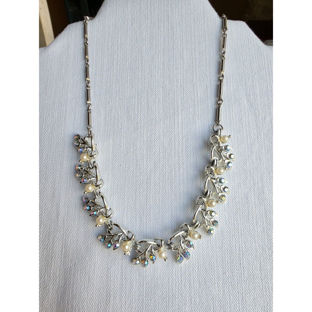 Vintage 1950s-60s AB Rhinestone Faux Pearl Floral Necklace Silver Tone 17"